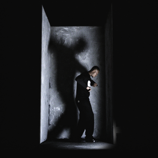 En mand i sort tøj står i en smal, mørk betonboks med spotlight fra oven, hvilket kaster en stor, dramatisk skygge af ham på væggen. Hans kropssprog virker defensivt eller undersøgende, og skyggen bag ham tilføjer en intens og teatralsk stemning.