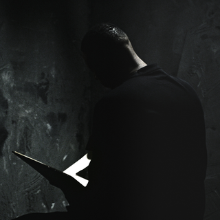Silhuet af en mand i mørkt tøj sidder med ryggen til i et dunkelt rum med tekstureret væg og læser i en bog eller mappe, der er delvist oplyst. Lyset fremhæver konturerne af hans hoved og skuldre, hvilket skaber en stemningsfuld og intens atmosfære.