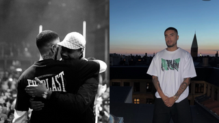 To billeder side om side: Til venstre et sort-hvidt foto af to mænd, der krammer i en menneskemængde, hvor den ene bærer en sort Everlast sweatshirt med stort hvidt logo på ryggen. Til højre en mand i en hvid Everlast t-shirt med grønt grafisk tryk, stående på et tag i skumringen med byens skyline og kirketårn i baggrunden.