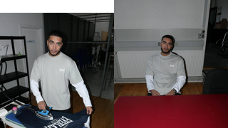 To billeder side om side viser en mand iført en lysegrå Everlast t-shirt over en hvid langærmet trøje. På venstre billede stryger han en mørk t-shirt med stort hvidt Everlast-logo, mens han kigger mod kameraet. På højre billede sidder han ved et bord med rød dug og kigger afslappet frem foran en hvid radiator.