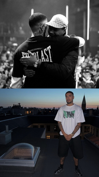 Øverste billede viser to mænd i et tæt kram under en koncert eller klubscene, hvor den ene bærer en sort Everlast sweatshirt med stort hvidt logo på ryggen, omgivet af en crowd i sort-hvid stil. Nederste billede viser en mand iført en hvid Everlast t-shirt med grønt grafisk tryk, stående på en tagterrasse ved solnedgang med byens silhuet og en kirketårn i baggrunden.