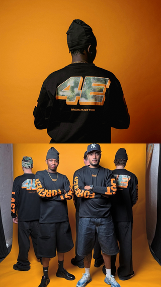 To billeder viser mænd i sort streetwear foran en orange baggrund, iført Everlast langærmede trøjer med store orange "EVERLAST" tryk på ærmerne og "4E" i metallic farver på ryggen, efterfulgt af teksten "BROOKLYN, NEW YORK". I det øverste billede ses en enkelt mand bagfra, mens det nederste viser fem mænd i forskellige poseringer, hvor både front- og bagsidedetaljer af tøjet fremhæves.